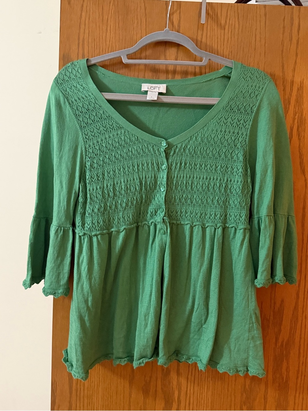 LOFT Green Crochet Yoke Button-Front Cardigan